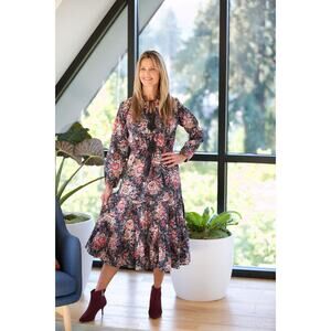 New MILLE Astrid Tasseled Midi Dress $248 SMALL Bloomsbury Floral Long Sleeve